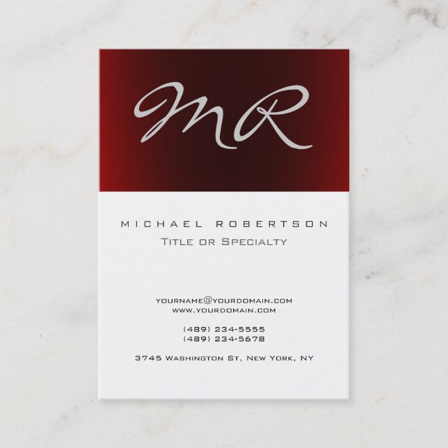 Monogram Grey Red Striped White Business Card (Front)