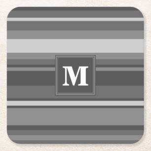 Monogram grey stripes square paper coaster