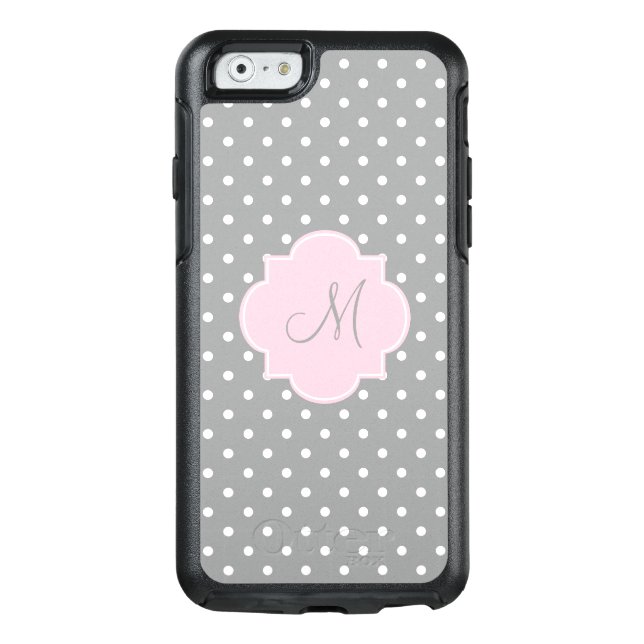 Monogram Grey, White and Pastel Pink Polka Dot Otterbox iPhone Case (Back)