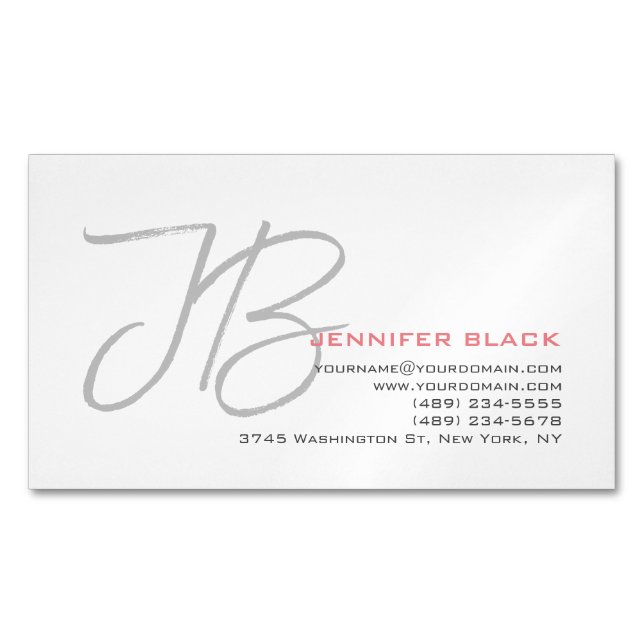 Monogram Grey White Plain Calligraphy Script Business Card Magnet (Front)