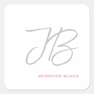 Monogram Grey White Plain Calligraphy Script Square Sticker