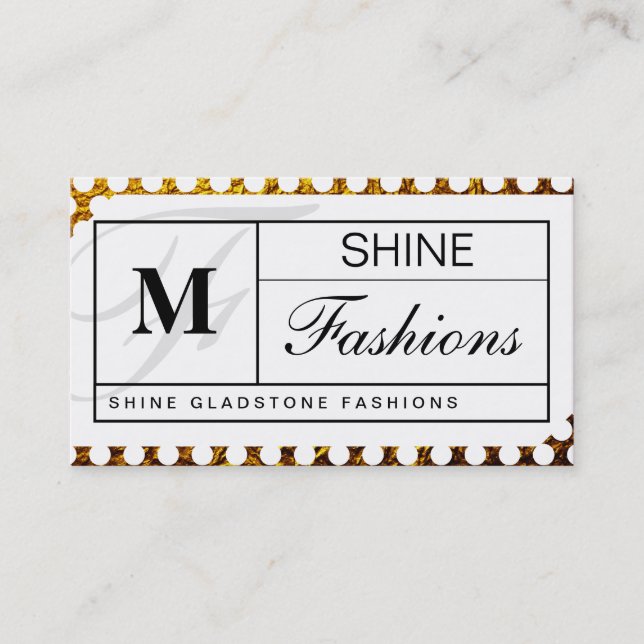Monogram Grid (gold flake white polka dots) Business Card (Front)