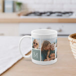 Monogram Grid Photo Collage Coffee Mug<br><div class="desc">This simple personalized photo mug design puts 6 of your favorite snaps front and center,  along with a single initial monogram on each side. Customize with six square photos of friends,  kids,  grandchildren,  pets,  or your favorite places,  with your initial in white lettering on a soft eucalyptus green square.</div>