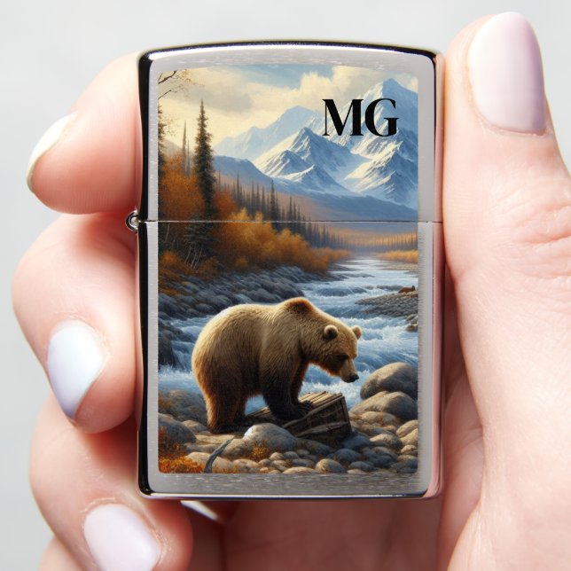 Monogram Grizzly Bear AI Art   Zippo Lighter (In Hand)