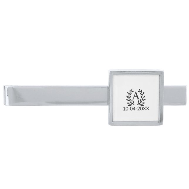 MONOGRAM GROOMSMAN ADD YEAR DATE NAME GIFTS SILVER FINISH TIE BAR (Front)