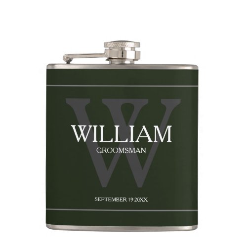 Monogram Groomsman Gift Classic Cool Army Green  Flask