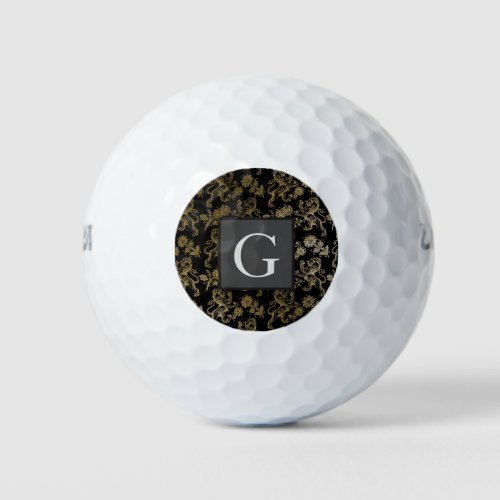 Monogram Groomsmen Best Man Black Gold Lion Damask Golf Balls