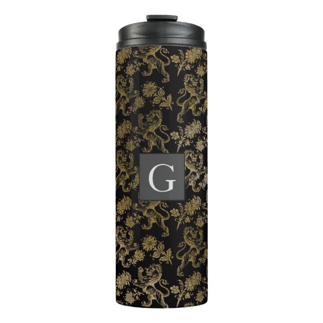 Monogram Groomsmen Best Man Black Gold Lion Damask Thermal Tumbler (Front)