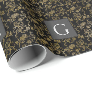 Monogram Groomsmen Best Man Black Gold Lion Damask Wrapping Paper