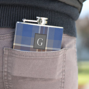 Monogram Groomsmen Best Man Blue Gray Tartan Black Flask