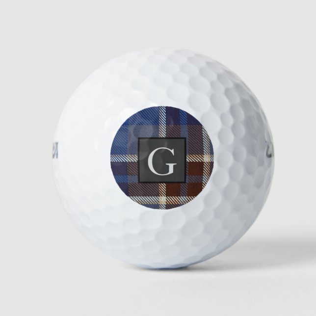 Monogram Groomsmen Best Man Blue Gray Tartan Black Golf Balls (Front)