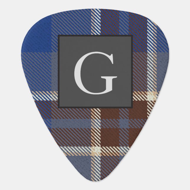 Monogram Groomsmen Best Man Blue Gray Tartan Black Guitar Pick (Front)