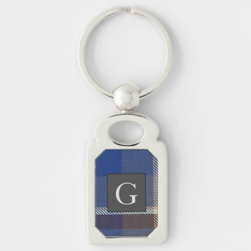 Monogram Groomsmen Best Man Blue Gray Tartan Black Keychain