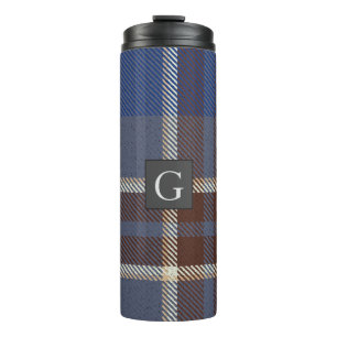 Monogram Groomsmen Best Man Blue Gray Tartan Black Thermal Tumbler