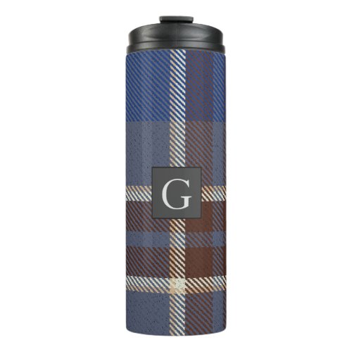 Monogram Groomsmen Best Man Blue Gray Tartan Black Thermal Tumbler