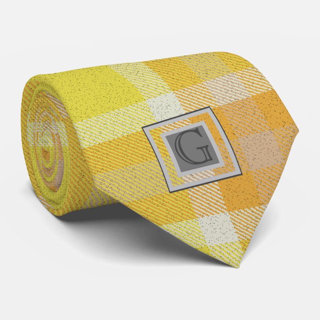 Monogram Groomsmen Best Man Yellow Orange Tartan Neck Tie (Rolled)