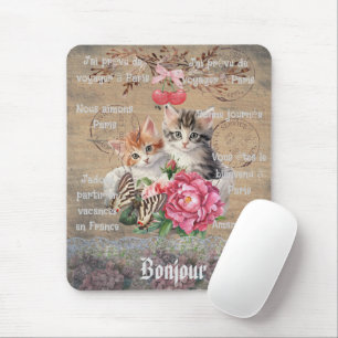 Monogram Grunge wood Cute cats Chic floral French Mouse Pad