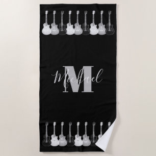 Monogram guitar pattern black and white beach towel