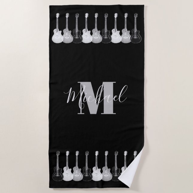 Monogram guitar pattern black and white beach towel (Front)