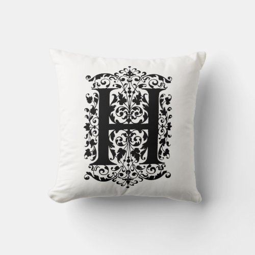 Monogram H Initial Black and White Floral Pattern Throw Pillow