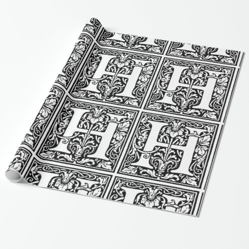 Monogram H Initial Black and White Floral Pattern Wrapping Paper