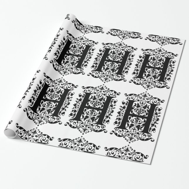 Monogram H Initial Black and White Floral Pattern Wrapping Paper (Unrolled)