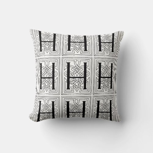 Monogram H Initial Black and White Scroll Pattern Throw Pillow