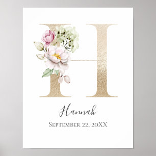 Monogram H Pink White Floral Gold Letter Nursery Poster