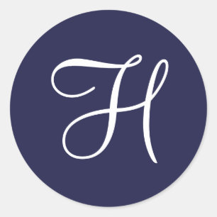 Monogram H, White on Navy Blue, Classic Round Stic Sticker