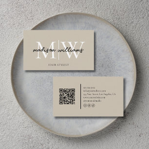 Monogram Hair Stylist QR Code Beige Business Card