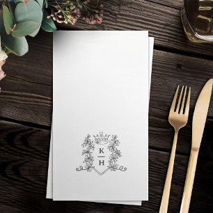 Monogram hand drawn crest black white wedding paper guest towels