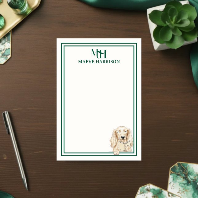 Monogram Hand Drawn Dachshund Reading Post-it Notes (Gift custom stationery to the dog lover in your life! )