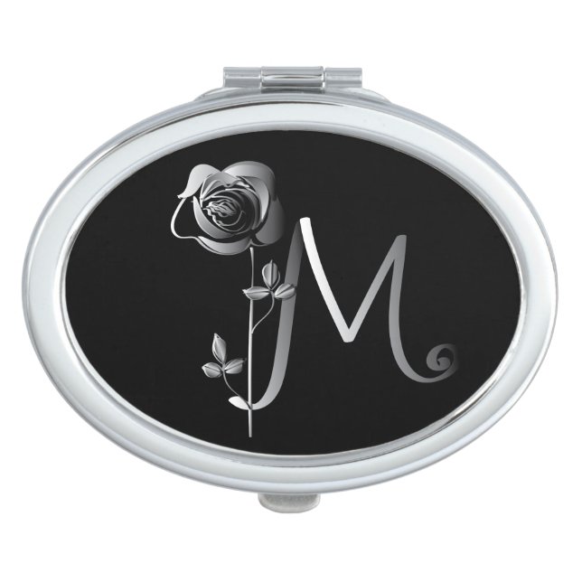 Monogram Hand-drawn Letter M w Rose Graphic Compact Mirror (Front)