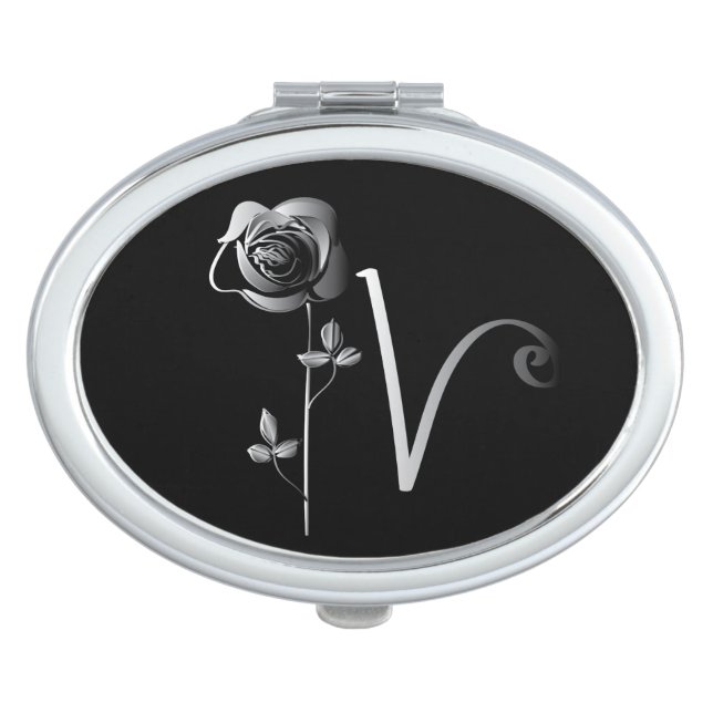 Monogram Hand-drawn Letter V Rose Graphic Compact Mirror (Front)