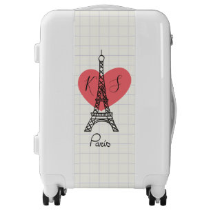 Monogram. Hand Drawn Paris Eiffel Tower on Heart Luggage