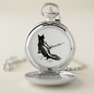 Monogram. Hand Drawn Vintage Fox. Pocket Watch