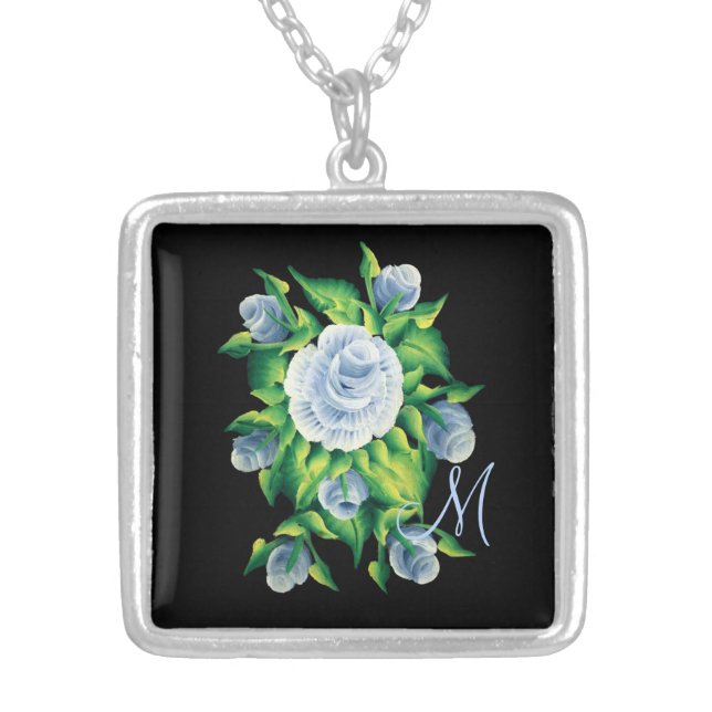 Monogram Hand Painted Blue Roses Square Necklace (Front)