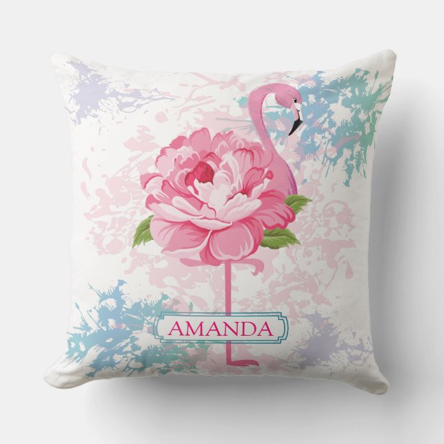 Monogram Hand painted flamingo Throw Pillow (Front)