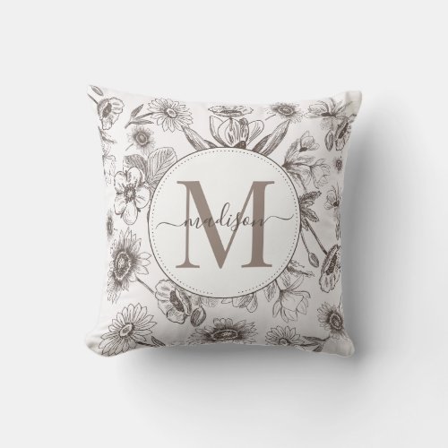 Monogram Handdrawn Floral Throw Pillow
