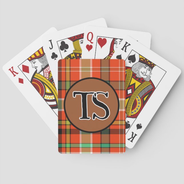 Monogram Handsome Classic Orange Plaid Personalize Poker Cards (Back)