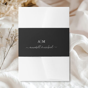 Monogram, Handwriting, Elegant Black Invitation Belly Band