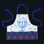 Monogram Hanukkah Festival Menorah Lights Apron<br><div class="desc">Hanukkah Menorah Lights Holiday label. Monogram and Hanukkah Logo Decoration with traditional symbols pattern. Home & Living > Kitchen & Dining > Table & Kitchen Linens > Aprons. Israel,  Jerusalem. Sofiartmedia Modern Design.
Judaica Modern Design with text template. Personalize them by adding name or wishes text.</div>