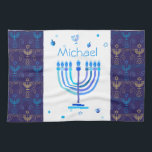 Monogram Hanukkah Festival Menorah Lights Kitchen Towel<br><div class="desc">Hanukkah Menorah Lights Holiday label. Monogram and Hanukkah Logo Decoration with traditional symbols pattern. Home & Living > Kitchen & Dining > Table & Kitchen Linens > Kitchen Towels. Israel,  Jerusalem. Sofiartmedia Modern Design.
Judaica Modern Design with text template. Personalize them by adding name or wishes text.</div>