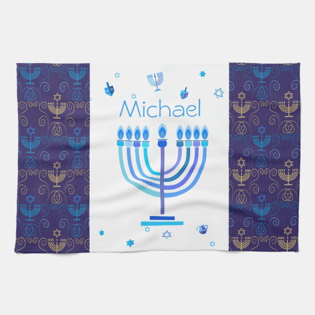 Monogram Hanukkah Festival Menorah Lights Kitchen Towel (Horizontal)