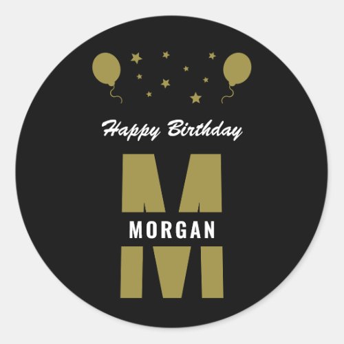 Monogram Happy Birthday Any Age Black White Gold Classic Round Sticker