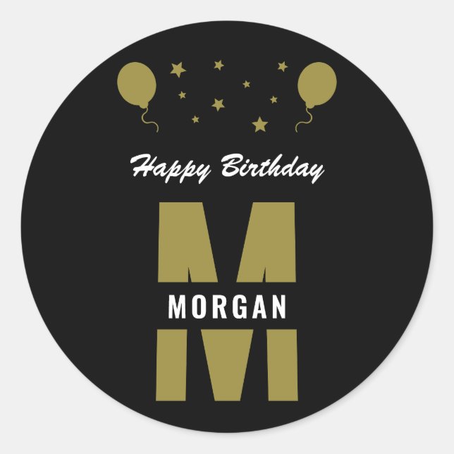 Monogram Happy Birthday Any Age Black White Gold Classic Round Sticker (Front)