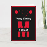 Monogram Happy Birthday Any Age Black White Red Card<br><div class="desc">A cool and awesome monogram design for family and friends to wish someone special and unique a Happy Birthday. The typography text of the stars and balloons design is customizable and can be personalized with your own custom message. You can change the font, font color, font size, letter spacing and...</div>