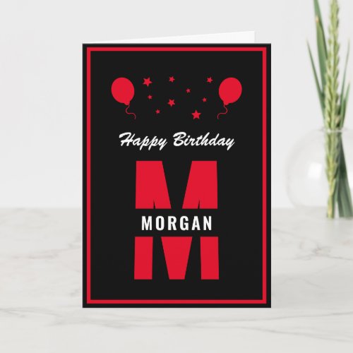 Monogram Happy Birthday Any Age Black White Red Card