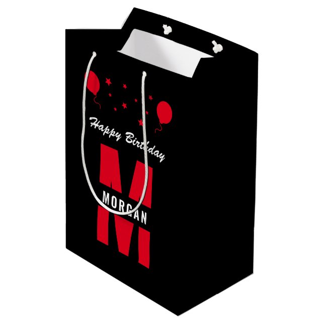 Monogram Happy Birthday Any Age Black White Red Medium Gift Bag (Back Angled)