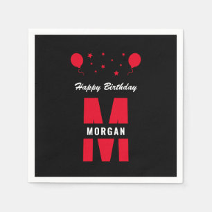 Monogram Happy Birthday Any Age Black White Red Napkins